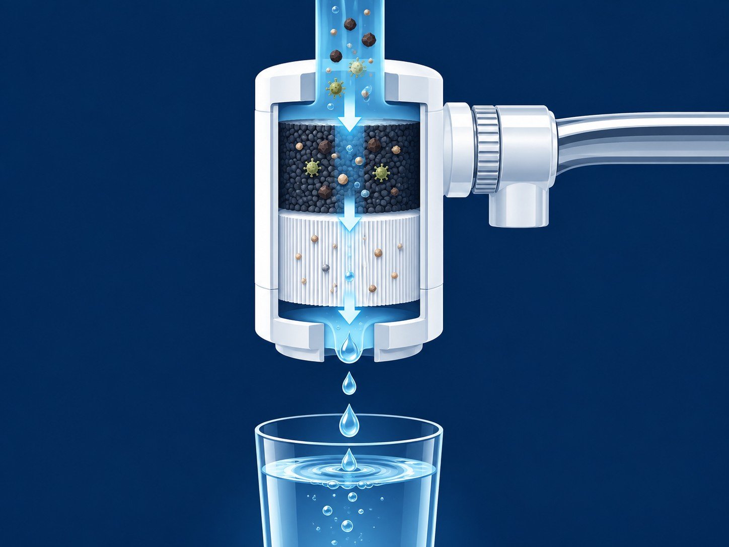 Schéma : l’eau traverse le charbon actif puis la membrane d’ultrafiltration avant de couler filtrée